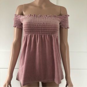 579 Off Shoulder Smock Smocked Rose Pink Velvet Top XS X-Small